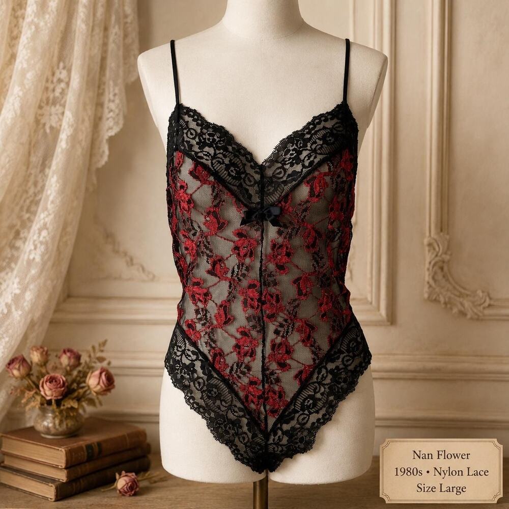 Vintage Nan Flower Black Red Lace Teddy Bodysuit 1980s Nylon Large
